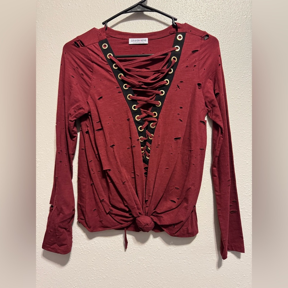 Burgundy Distressed Lace-Up Blouse